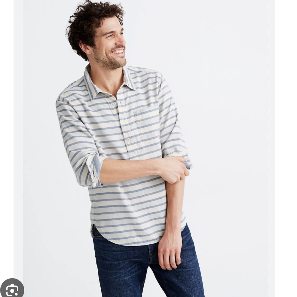 Madewell Men's Striped Shirt - Blue and White